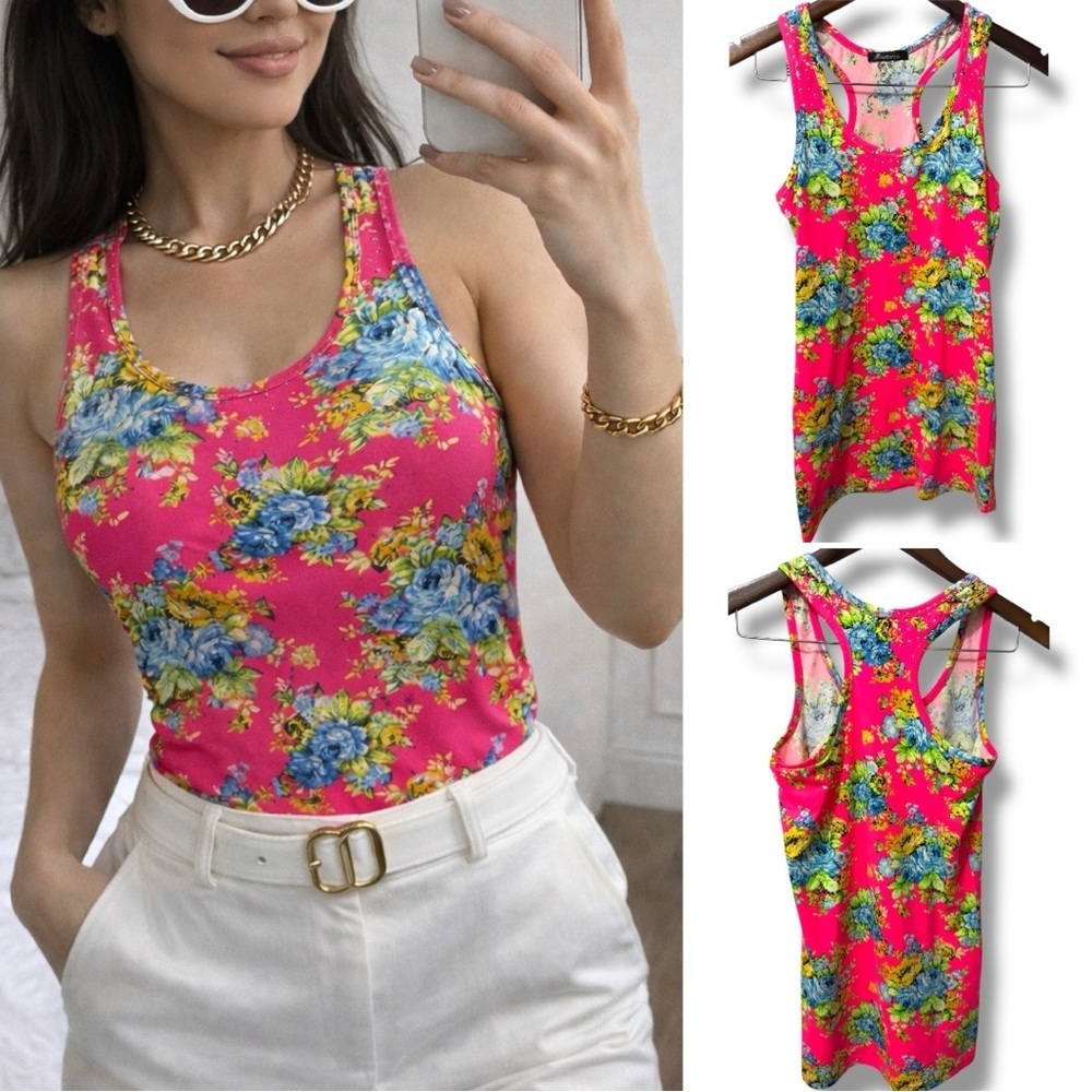 Japan Rastars & | EUC Y2K Neon Pink Floral Rhinestone Racerback Tank Top (sz S/M